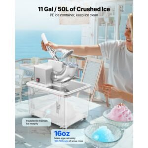 commercial ice crusher 661lbs/h, 350w electric snow cone machine with 4 blades, 1400rpm stainless steel shaved ice machine with 11 gal crushed ice box, for family restaurants bars, white