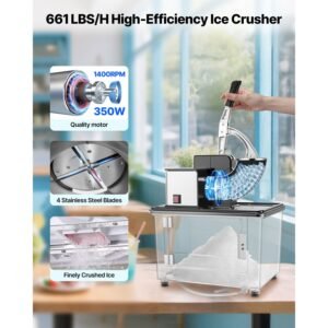 commercial ice crusher 661lbs/h, 350w electric snow cone machine with 4 blades, 2000rpm stainless steel shaved ice machine with 11 gal crushed ice box, for family restaurants bars, black