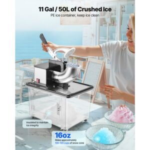 commercial ice crusher 661lbs/h, 350w electric snow cone machine with 4 blades, 2000rpm stainless steel shaved ice machine with 11 gal crushed ice box, for family restaurants bars, black