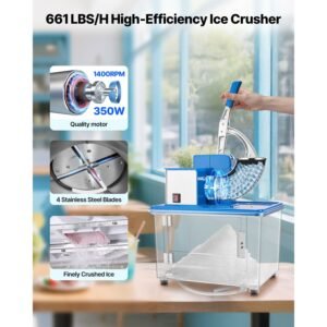 commercial ice crusher 661lbs/h, 350w electric snow cone machine with 4 blades, 2000rpm stainless steel shaved ice machine with 11 gal crushed ice box, for family restaurants bars, blue