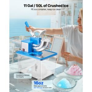 commercial ice crusher 661lbs/h, 350w electric snow cone machine with 4 blades, 2000rpm stainless steel shaved ice machine with 11 gal crushed ice box, for family restaurants bars, blue
