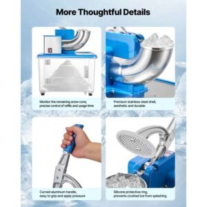 commercial ice crusher 661lbs/h, 350w electric snow cone machine with 4 blades, 2000rpm stainless steel shaved ice machine with 11 gal crushed ice box, for family restaurants bars, blue