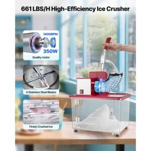 commercial ice crusher 661lbs/h, 350w electric snow cone machine with 4 blades, 2000rpm stainless steel shaved ice machine with 11 gal crushed ice box, for family restaurants bars, red
