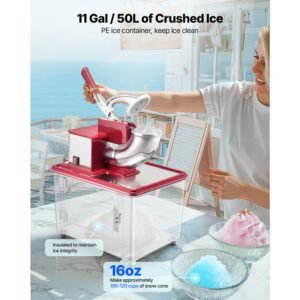commercial ice crusher 661lbs/h, 350w electric snow cone machine with 4 blades, 2000rpm stainless steel shaved ice machine with 11 gal crushed ice box, for family restaurants bars, red