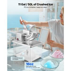 commercial ice crusher 661lbs/h, 350w electric snow cone machine with 4 blades, 2000rpm stainless steel shaved ice machine with 11 gal crushed ice box, for family restaurants bars, silver