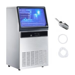 Commercial Ice Maker Machine, 130Lbs/24H with 33Lbs Storage, 45 Cubes per Cycle, Stainless Steel Freestanding & Under Counter Ice Maker with LED Display & Self-Cleaning, for Home Bar Restaurant