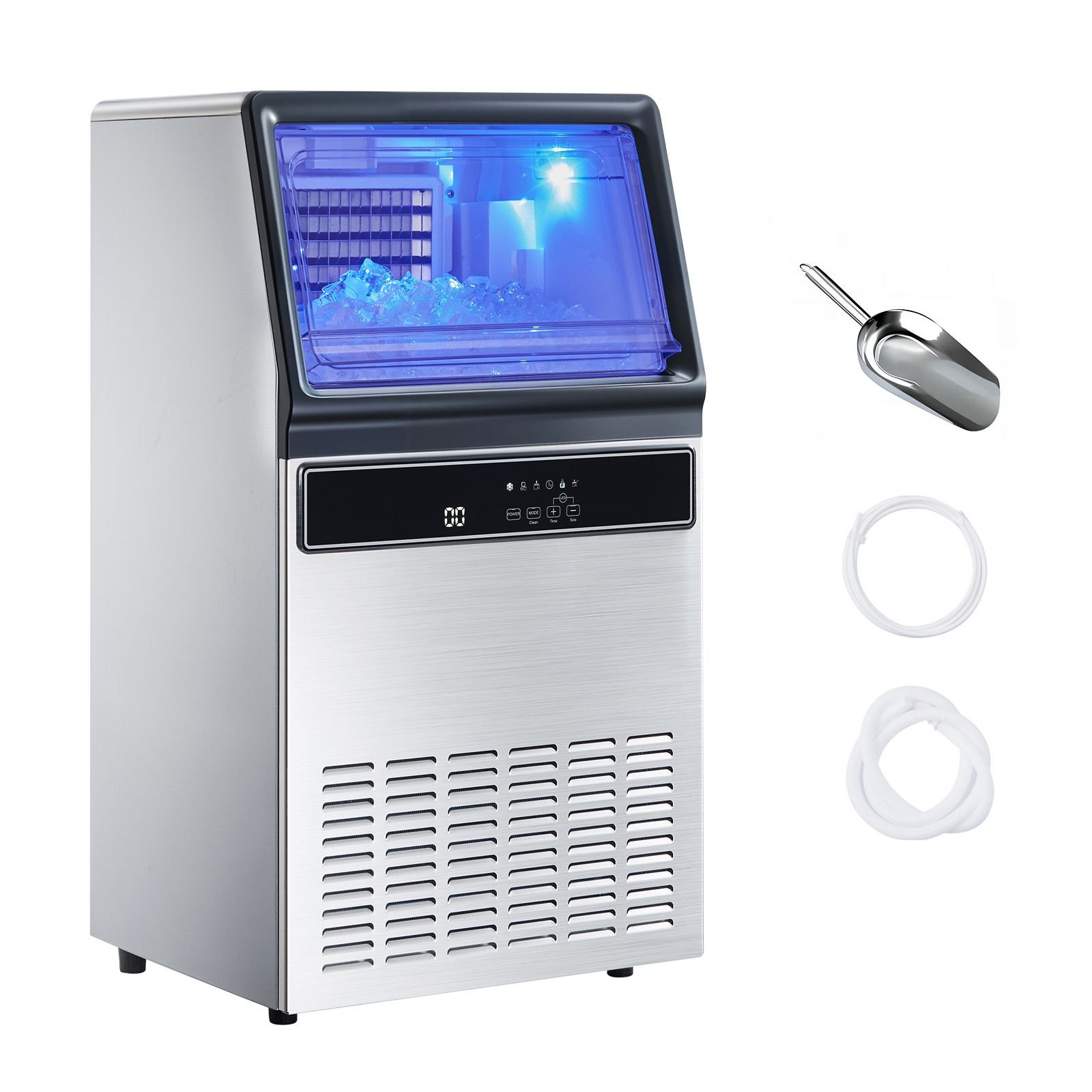 commercial ice maker machine, 130lbs/24h with 33lbs storage, 45 cubes per cycle, stainless steel freestanding & under counter ice maker with led display & self cleaning, for home bar restaurant