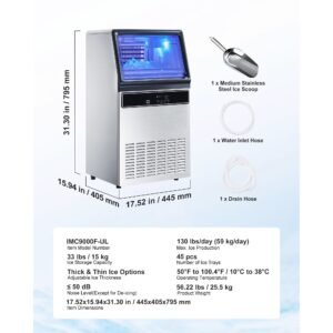 commercial ice maker machine, 130lbs/24h with 33lbs storage, 45 cubes per cycle, stainless steel freestanding & under counter ice maker with led display & self cleaning, for home bar restaurant