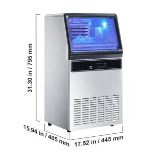 commercial ice maker machine, 130lbs/24h with 33lbs storage, 45 cubes per cycle, stainless steel freestanding & under counter ice maker with led display & self cleaning, for home bar restaurant