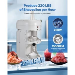 commercial ice shaver crusher, 220lbs/hr electric fluffy ice & snow cone machine, 250w 1500rpm tabletop fluffy shaved ice machine for parties events snack bar, home and commercial use (white)