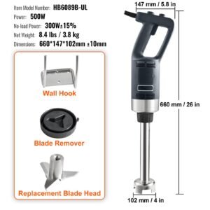 commercial immersion blender, 500 watt heavy duty hand mixer, variable speed kitchen stick mixer with 304 stainless steel blade, multi purpose portable mixer for soup, smoothie, puree, baby food