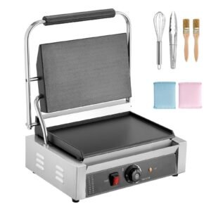 Commercial Panini Grill, 1800W Electric Sandwich Panini Maker, Stainless Steel Sandwichs Press Grill with Handle and Temp Control, 13.5x9.3 in Full Flat Enamel Plate, for Hamburger Steak Bacon