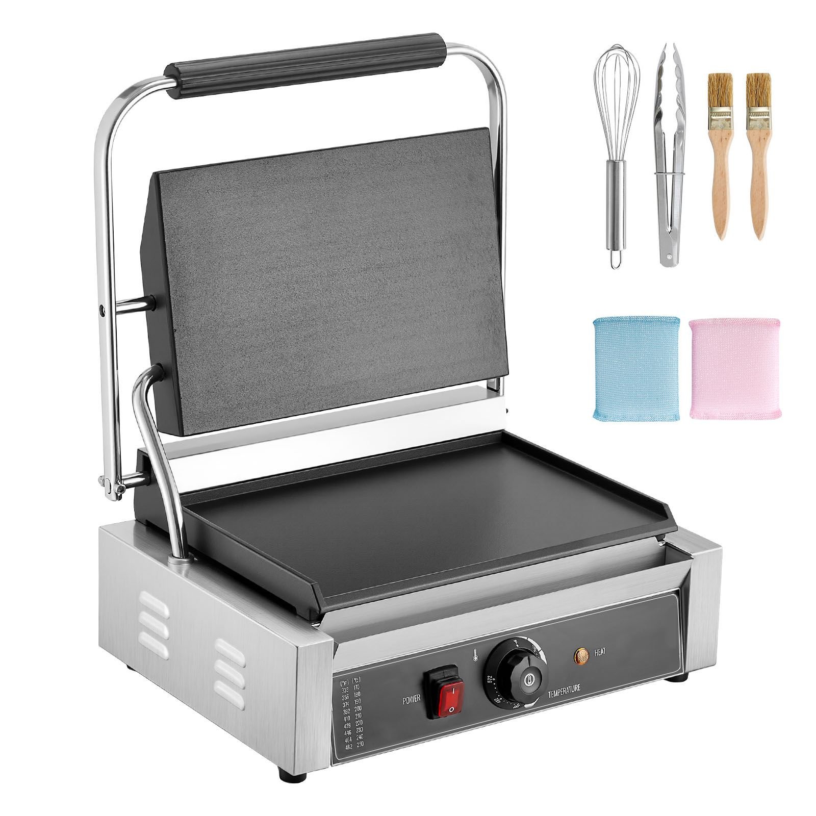 commercial panini grill, 1800w electric sandwich panini maker, stainless steel sandwichs press grill with handle and temp control, 13.5x9.3 in full flat enamel plate, for hamburger steak bacon