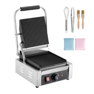 Commercial Panini Grill, 1800W Electric Sandwich Panini Maker, Stainless Steel Sandwichs Press Grill with Handle and Temp Control, 8.8x9 in Full Grooved Enamel Plate for Hamburger Steak Bacon