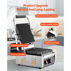 commercial panini grill, 1800w electric sandwich panini maker, stainless steel sandwichs press grill with handle and temp control, 8.8x9 in full grooved enamel plate for hamburger steak bacon
