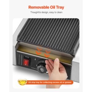 commercial panini grill, 1800w electric sandwich panini maker, stainless steel sandwichs press grill with handle and temp control, 8.8x9 in full grooved enamel plate for hamburger steak bacon