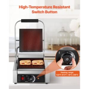 commercial panini grill, 1800w electric sandwich panini maker, stainless steel sandwichs press grill with handle and temp control, 8.8x9 in full grooved enamel plate for hamburger steak bacon