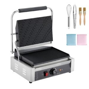 Commercial Panini Grill, 1800W Electric Sandwich Panini Maker, Stainless Steel Sandwichs Press with Handle and Temp Control, 13.5x9.3 in Full Grooved Enamel Plate, for Hamburger Steak Bacon