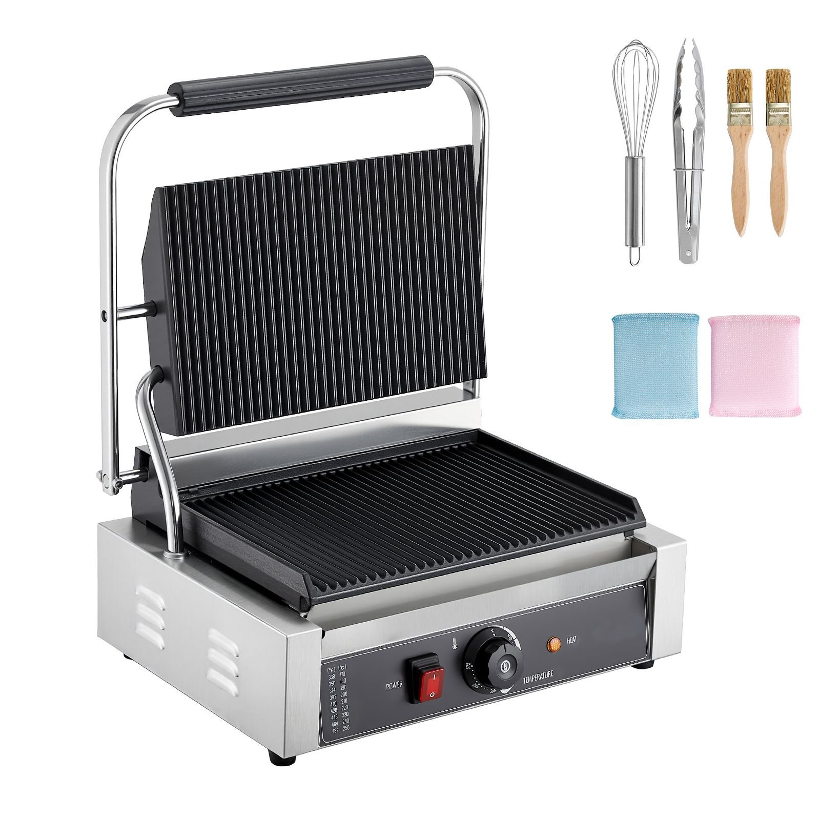 commercial panini grill, 1800w electric sandwich panini maker, stainless steel sandwichs press with handle and temp control, 13.5x9.3 in full grooved enamel plate, for hamburger steak bacon