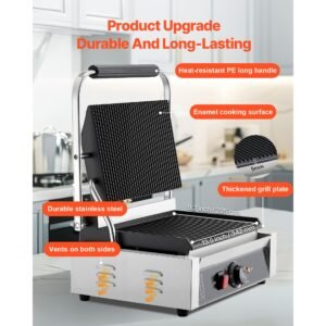 commercial panini grill, 1800w electric sandwich panini maker, stainless steel sandwichs press with handle and temp control, 13.5x9.3 in full grooved enamel plate, for hamburger steak bacon