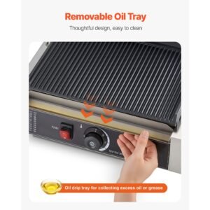 commercial panini grill, 1800w electric sandwich panini maker, stainless steel sandwichs press with handle and temp control, 13.5x9.3 in full grooved enamel plate, for hamburger steak bacon