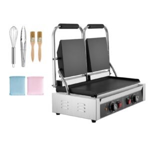Commercial Panini Grill, 3600W Electric Sandwich Panini Maker, Stainless Steel Double Sandwichs Press with Handle and Temp Control, 19x9 in Full Flat Enamel Plate, for Hamburger Steak Bacon