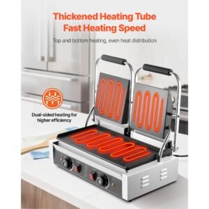 commercial panini grill, 3600w electric sandwich panini maker, stainless steel double sandwichs press with handle and temp control, 19x9 in full flat enamel plate, for hamburger steak bacon