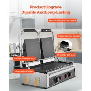 commercial panini grill, 3600w electric sandwich panini maker, stainless steel double sandwichs press with handle and temp control, 19x9 in full flat enamel plate, for hamburger steak bacon