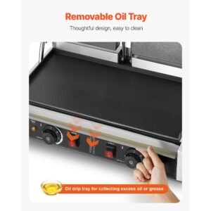 commercial panini grill, 3600w electric sandwich panini maker, stainless steel double sandwichs press with handle and temp control, 19x9 in full flat enamel plate, for hamburger steak bacon