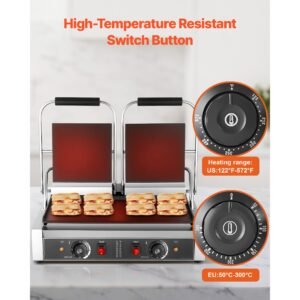 commercial panini grill, 3600w electric sandwich panini maker, stainless steel double sandwichs press with handle and temp control, 19x9 in full flat enamel plate, for hamburger steak bacon