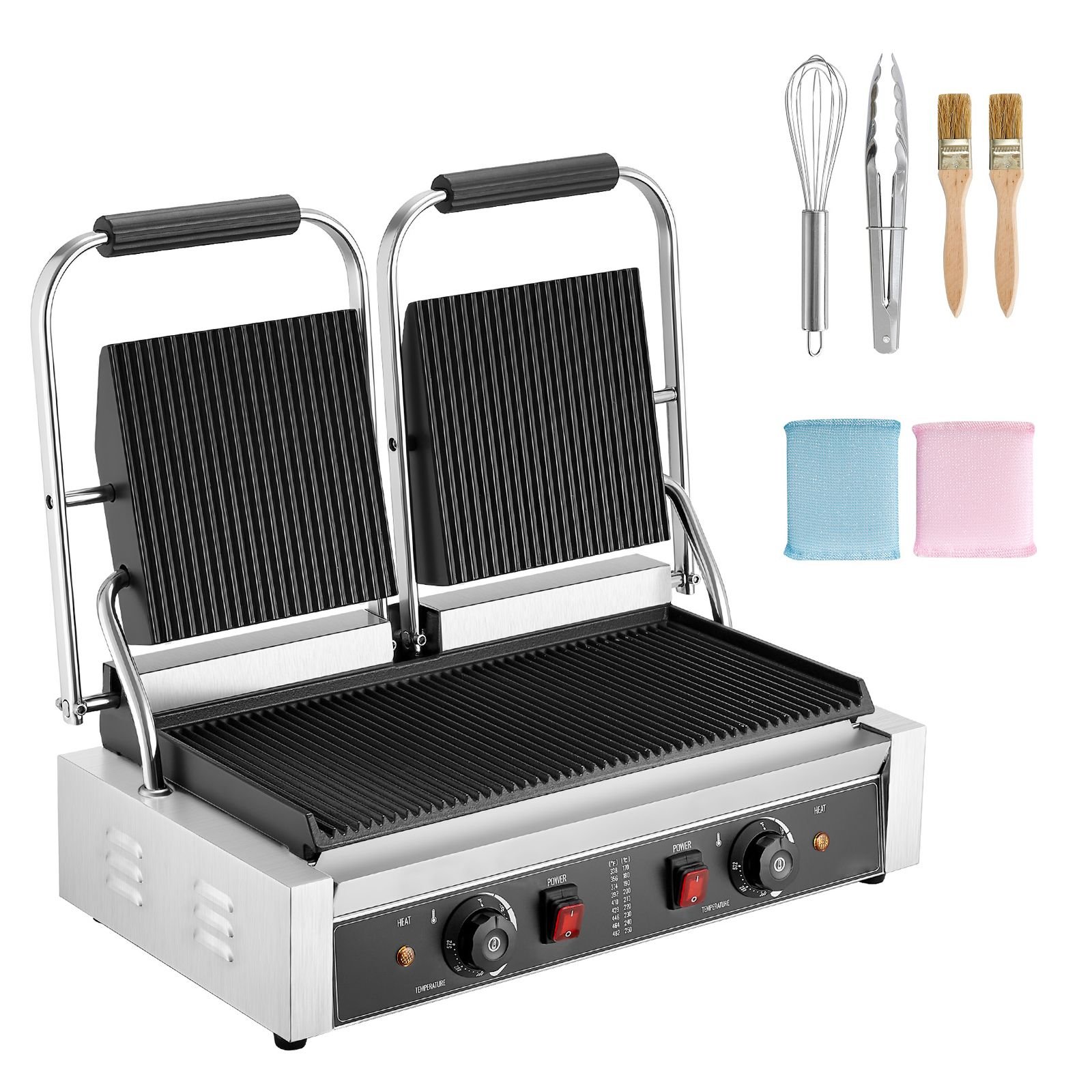 commercial panini grill, 3600w electric sandwich panini maker, stainless steel double sandwichs press with handle and temp control, 19x9 in full grooved enamel plate, for hamburger steak bacon