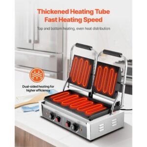 commercial panini grill, 3600w electric sandwich panini maker, stainless steel double sandwichs press with handle and temp control, 19x9 in full grooved enamel plate, for hamburger steak bacon