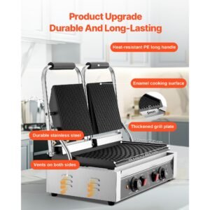 commercial panini grill, 3600w electric sandwich panini maker, stainless steel double sandwichs press with handle and temp control, 19x9 in full grooved enamel plate, for hamburger steak bacon