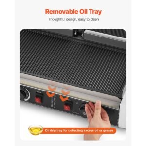 commercial panini grill, 3600w electric sandwich panini maker, stainless steel double sandwichs press with handle and temp control, 19x9 in full grooved enamel plate, for hamburger steak bacon