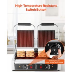 commercial panini grill, 3600w electric sandwich panini maker, stainless steel double sandwichs press with handle and temp control, 19x9 in full grooved enamel plate, for hamburger steak bacon