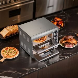 commercial pizza oven countertop, 14 inch double deck layer, stainless steel electric pizza oven with stone and handle, multipurpose indoor pizza maker for restaurant home pretzels baked