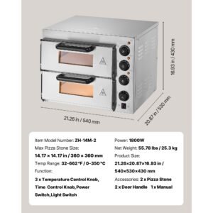 commercial pizza oven countertop, 14 inch double deck layer, stainless steel electric pizza oven with stone and handle, multipurpose indoor pizza maker for restaurant home pretzels baked