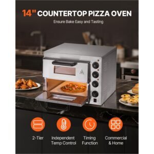 Commercial Pizza Oven Countertop, 14-Inch Double Deck Layer, Stainless Steel Electric Pizza Oven with Stone and Handle, Multipurpose Indoor Pizza Maker for Restaurant Home Pretzels Baked