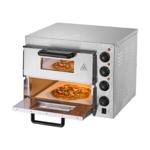 commercial pizza oven countertop, 14 inch double deck layer, stainless steel electric pizza oven with stone and handle, multipurpose indoor pizza maker for restaurant home pretzels baked