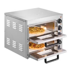 commercial pizza oven countertop, 14 inch double deck layer, stainless steel electric pizza oven with stone and handle, multipurpose indoor pizza maker for restaurant home pretzels baked