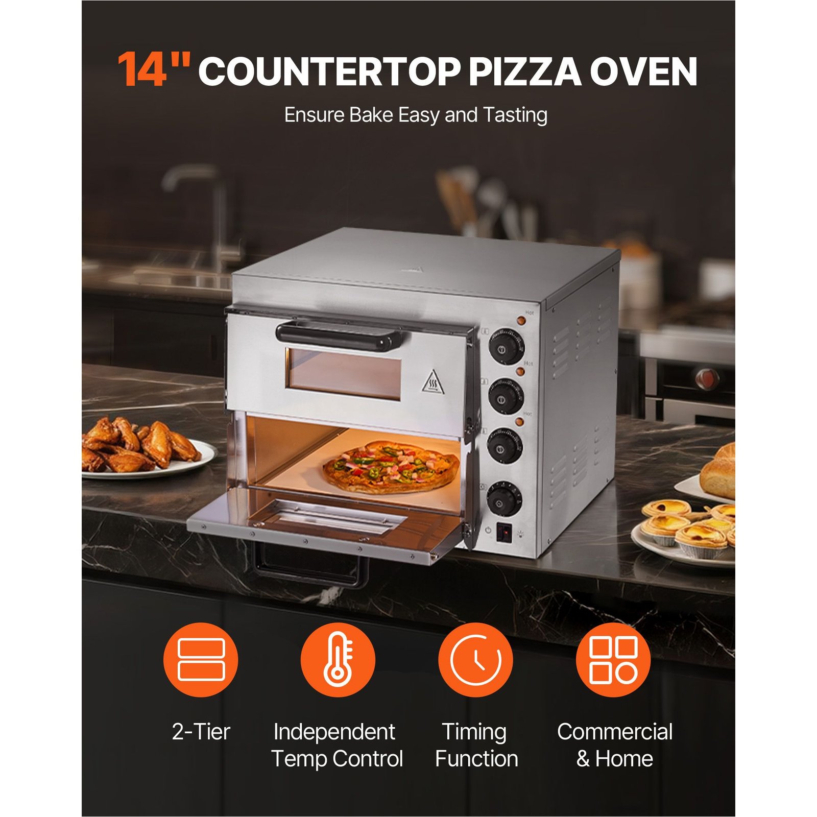 commercial pizza oven countertop, 14 inch double deck layer, stainless steel electric pizza oven with stone and handle, multipurpose indoor pizza maker for restaurant home pretzels baked