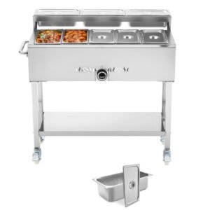 Commercial Propane Steam Table, 5 Food Pans & 3 Condiment Pans, LP Gas Outdoor Soup Warmer with Drain Valve and 3" Wheels, Stainless Steel Propane Food Warmer with Adjustable Temp for Outdoor