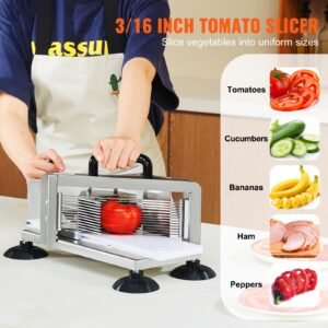commercial tomato slicer, 3/16 inch tomato cutter slicer, stainless steel heavy duty tomato slicer machine, manual tomato slicer with non slip feet, for cutting tomatoes, cucumbers, bananas