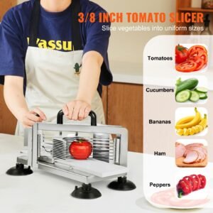 commercial tomato slicer, 3/8 inch tomato cutter slicer, stainless steel heavy duty tomato slicer machine, manual tomato slicer with non slip feet, for cutting tomatoes, cucumbers, bananas