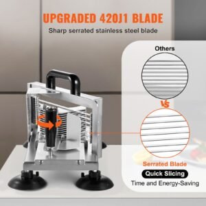 commercial tomato slicer, 3/8 inch tomato cutter slicer, stainless steel heavy duty tomato slicer machine, manual tomato slicer with non slip feet, for cutting tomatoes, cucumbers, bananas