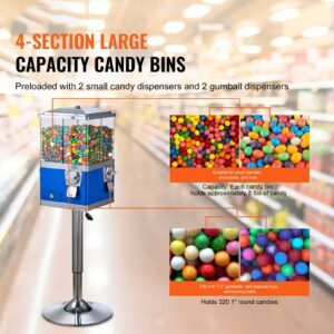 commercial vending machine, four compartment rotatable gumball and candy dispenser, adjustable height coin operated candy bank with iron stand, for business toy capsules bouncy balls nut, blue