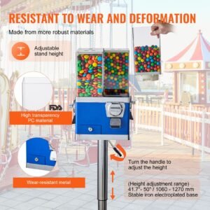 commercial vending machine, four compartment rotatable gumball and candy dispenser, adjustable height coin operated candy bank with iron stand, for business toy capsules bouncy balls nut, blue