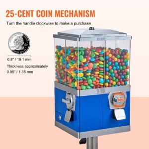 commercial vending machine, four compartment rotatable gumball and candy dispenser, adjustable height coin operated candy bank with iron stand, for business toy capsules bouncy balls nut, blue