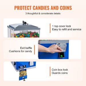 commercial vending machine, four compartment rotatable gumball and candy dispenser, adjustable height coin operated candy bank with iron stand, for business toy capsules bouncy balls nut, blue