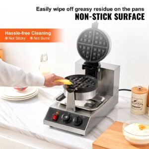 commercial waffle maker, 1 piece per batch, 1300w round waffle iron, non stick waffle baker machine with 122 572 f/ 50 300 c temp range teflon coated baking pans stainless steel body, 120v